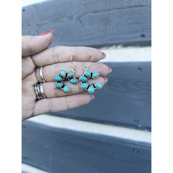 Sterling Silver Southwest TURQUOISE Naja Drop Dangle CLUSTER Earrings .925 - Picture 4 of 6